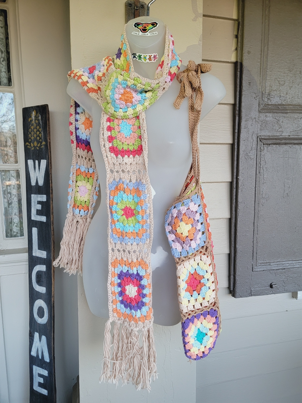 Tricia Fix Multicolor Crochet Granny Square Tote w/scarf Set Sample NO TAGS - Picture 3 of 13